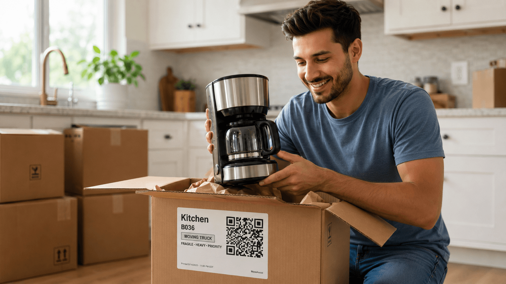 Coffee maker packed in a moving box