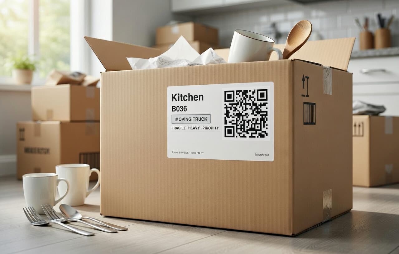 MoveAssist QR label attached to a packed cardboard box