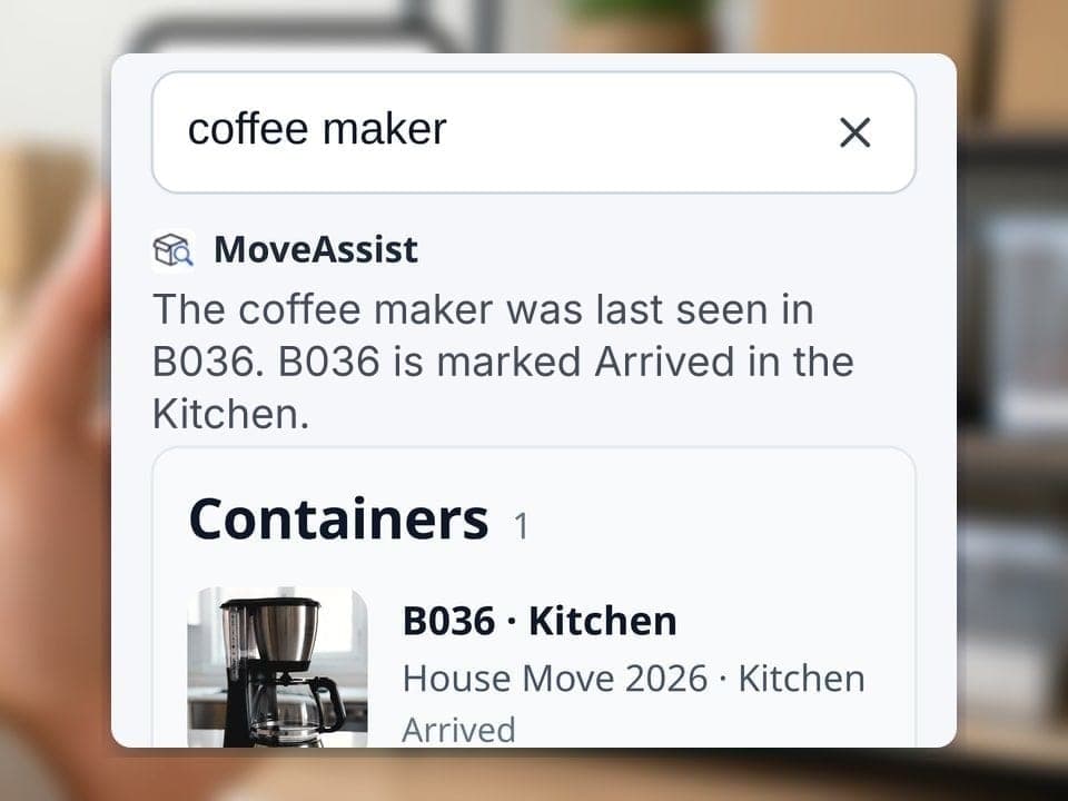 MoveAssist search for a coffee maker answering that it was last seen in B036, with a photo of the coffee maker beside the container code, its kitchen location, and its arrived status
