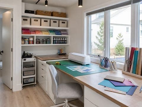 Wide photo of a craft room with a cutting mat, craft machine, paper, and labeled bins on open shelving