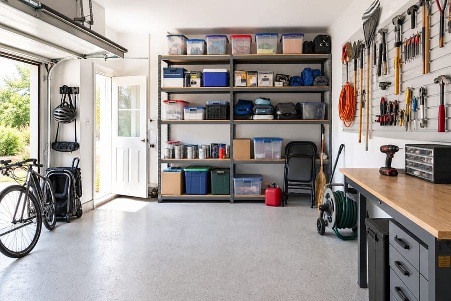 Wide photo of a bright garage with shelving of labeled storage bins, tools on a wall panel, a workbench, and an orange extension cord hanging on the wall