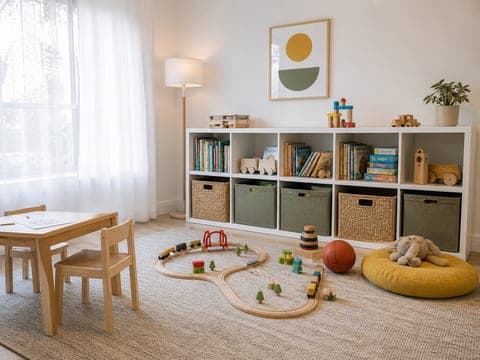Wide photo of a bright playroom with cube shelving of toy baskets and books, a small table, and a train set on the rug