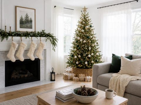 Bright living room decorated for Christmas with a tree, stockings on the mantel, and wrapped gifts