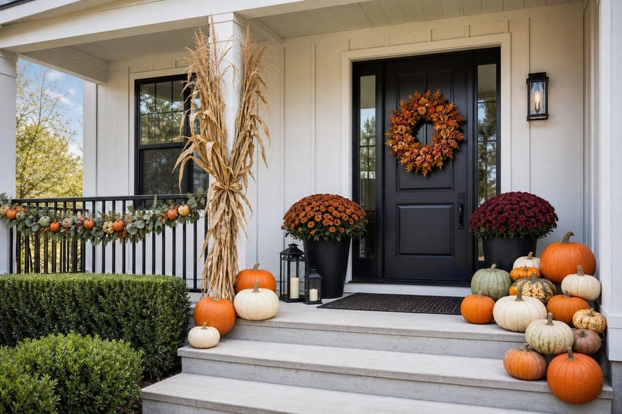 Front entry decorated for Halloween with pumpkins massed on the steps, mums in planters, a wreath, and lanterns