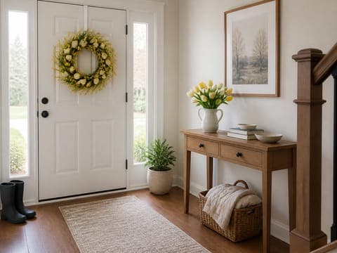 Entryway decorated for spring with a forsythia wreath and tulips on the console table