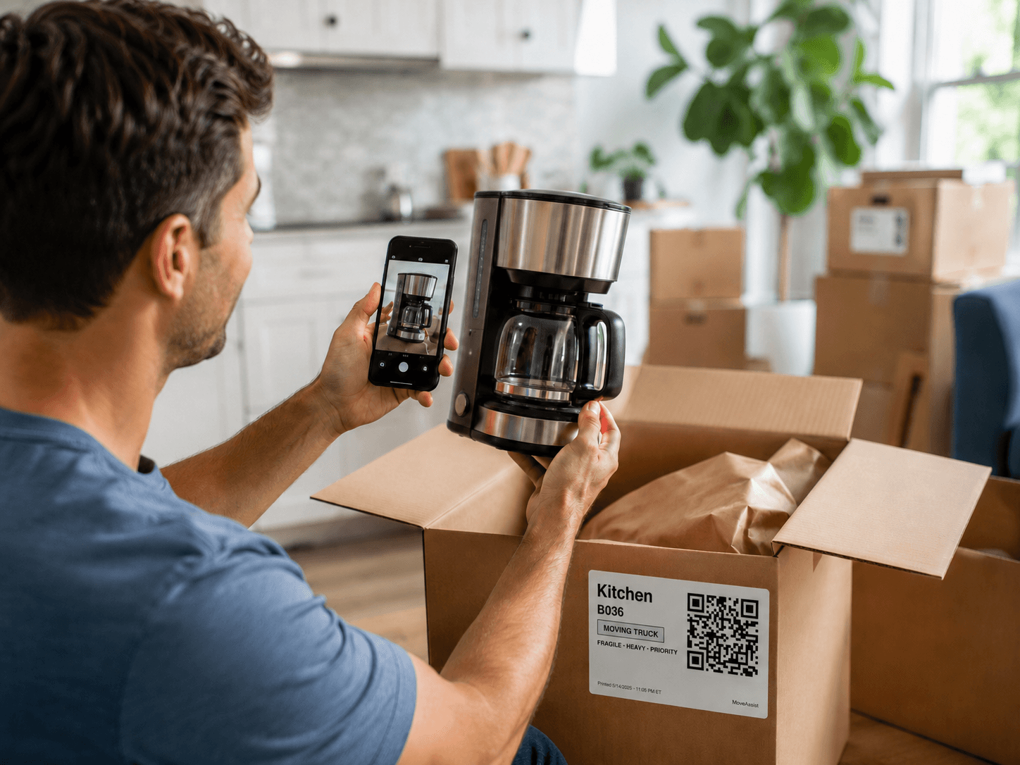 Photographing a coffee maker before packing it into a labeled box