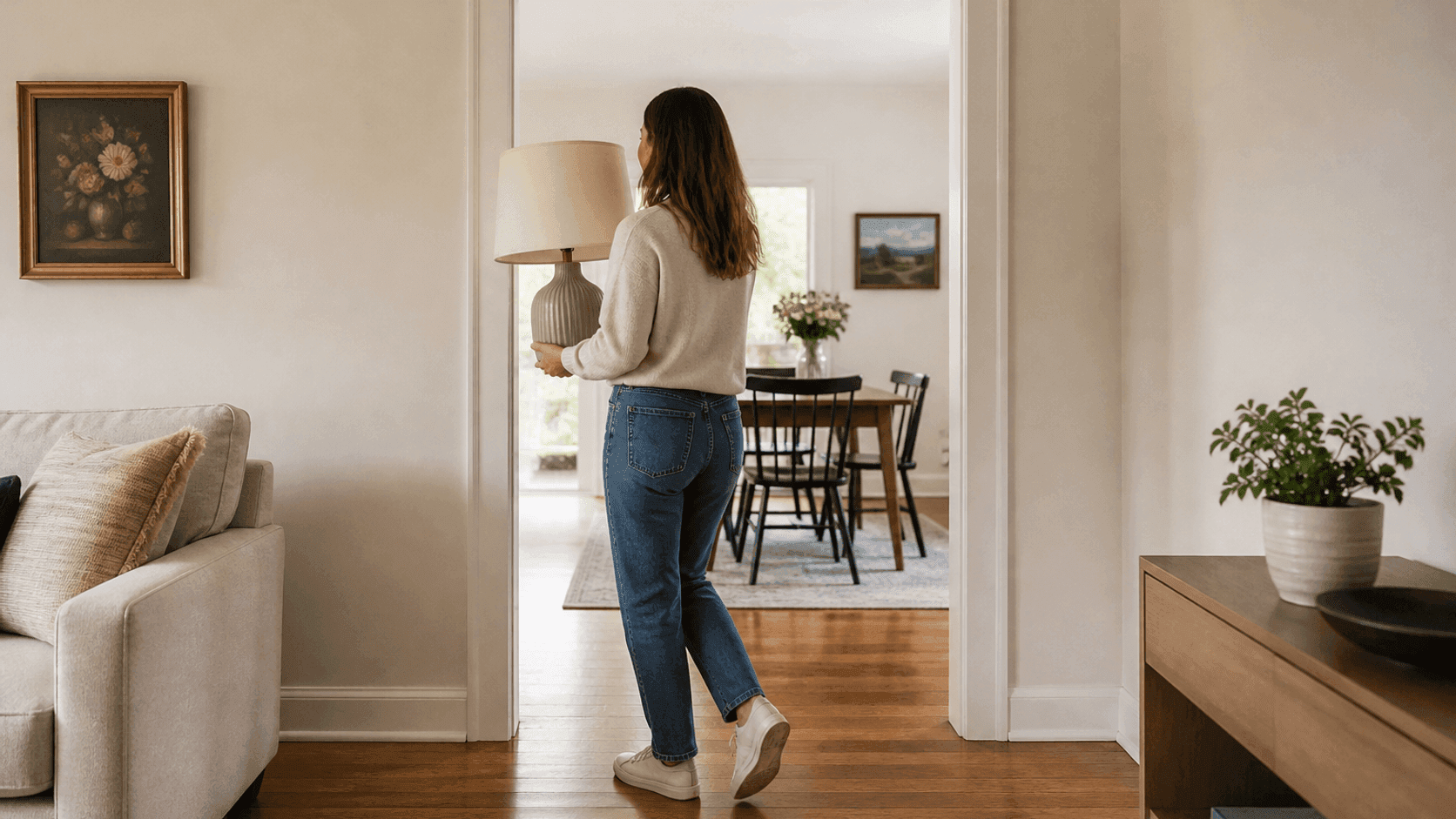 Someone carrying a table lamp from one room to another at home